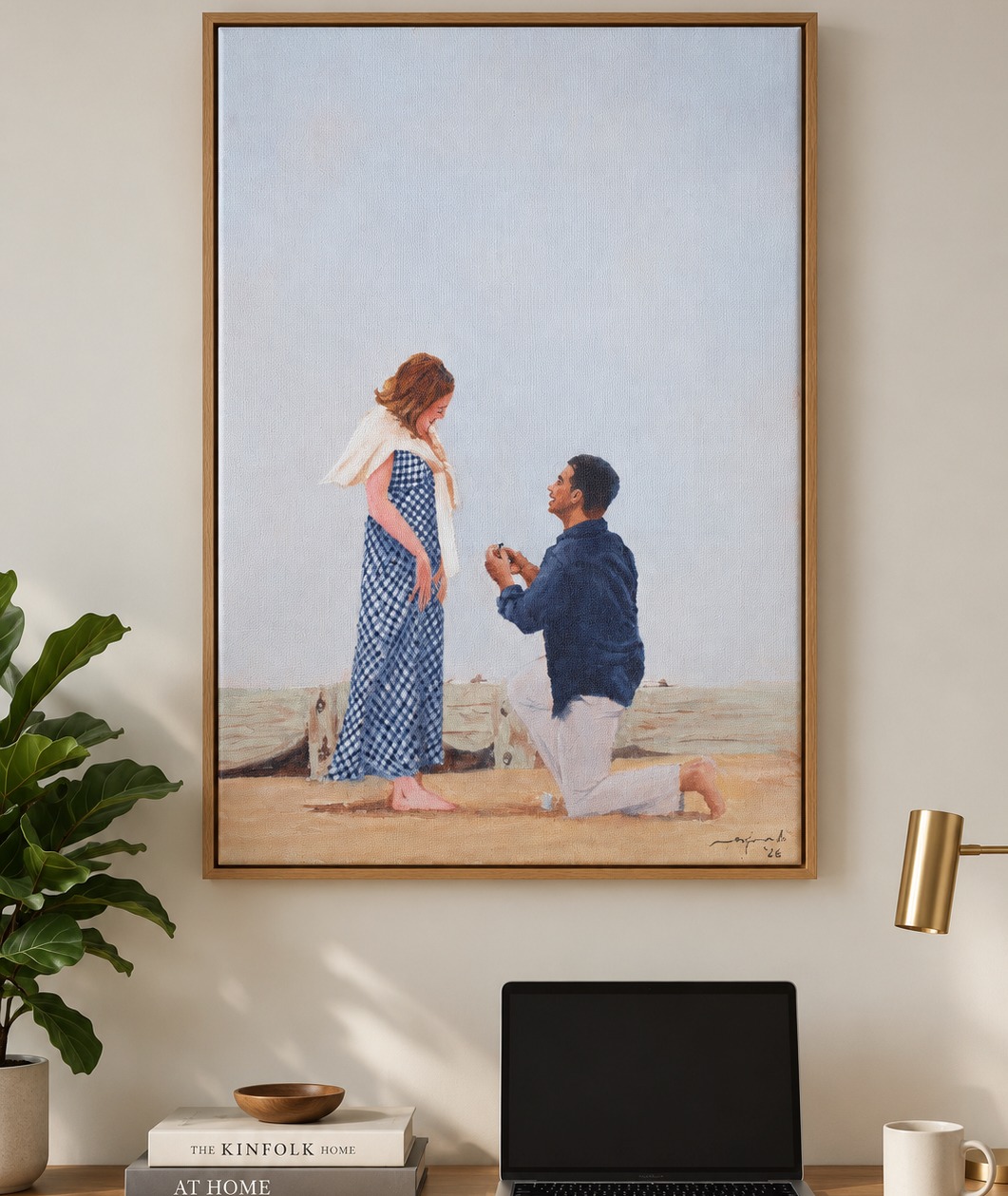 Anjali’s wedding proposal painting framed above a wooden desk