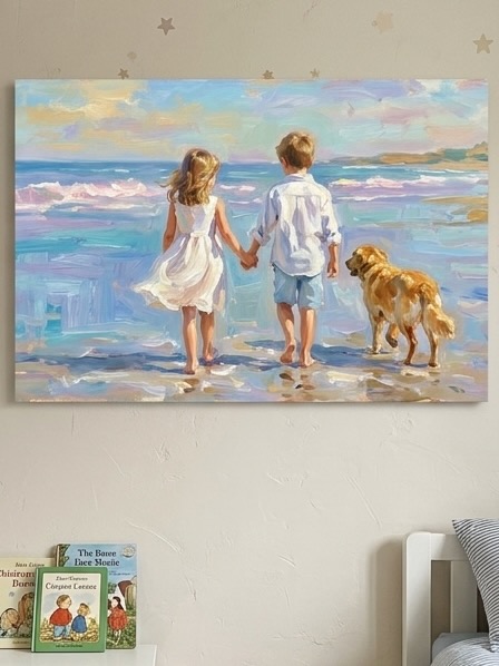 Beach painting of two children and a dog displayed in a bedroom